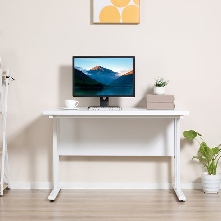 Computer Desk, Home Office Desk, Writing Table, 120x60x75cm Laptop Workstation with 2 Cable Management Holes, C Shaped Metal Legs, White