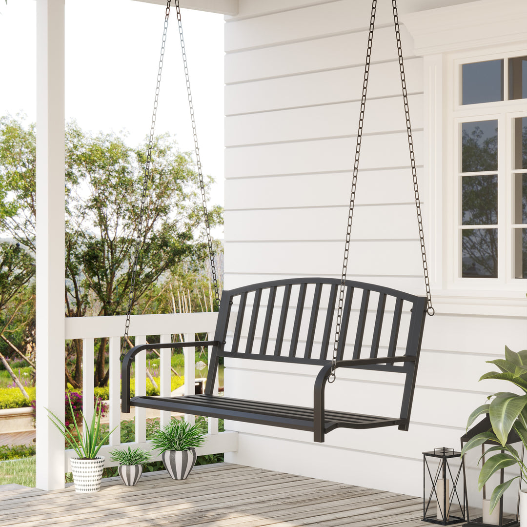 Garden Swing Chair Patio Metal 2 Seater Swing Bench Porch Balcony Bench Loveseat Minimalist Style - Black