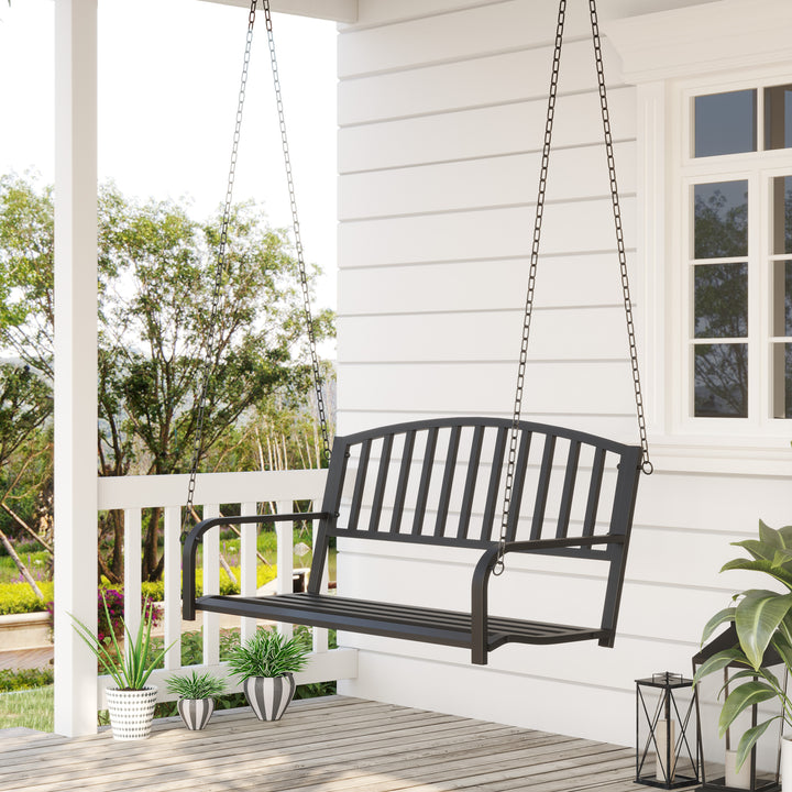 Garden Swing Chair Patio Metal 2 Seater Swing Bench Porch Balcony Bench Loveseat Minimalist Style - Black