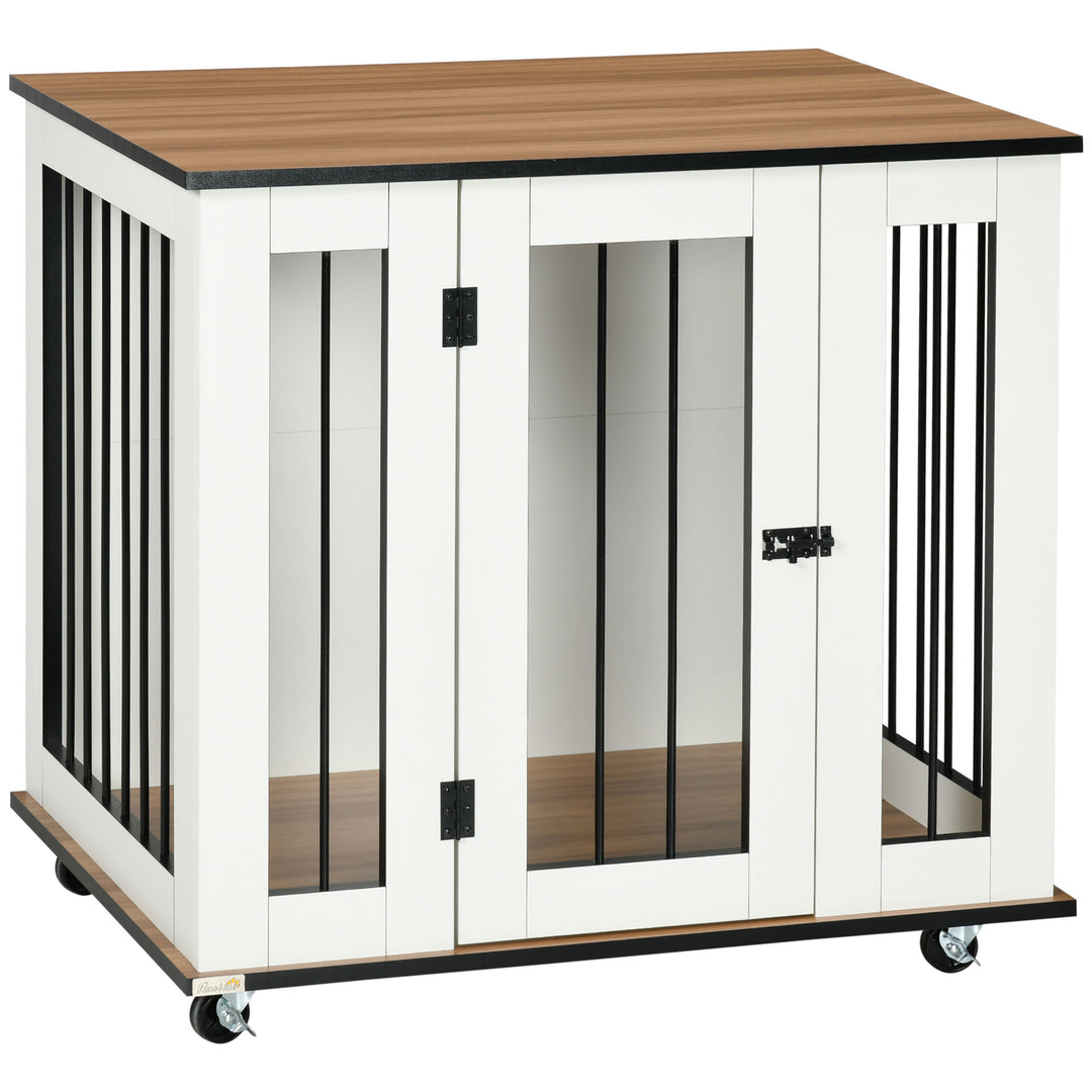 PawHut Dog Crate Furniture with Wheels, Dog Cage End Table for Medium Dogs, with Lockable Door, White, 80 x 60 x 76.5cm