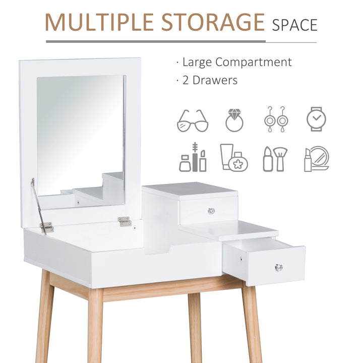 Pine Dressing Table Desk Flip-up Mirror Multi-purpose 2 Drawers Modern - White