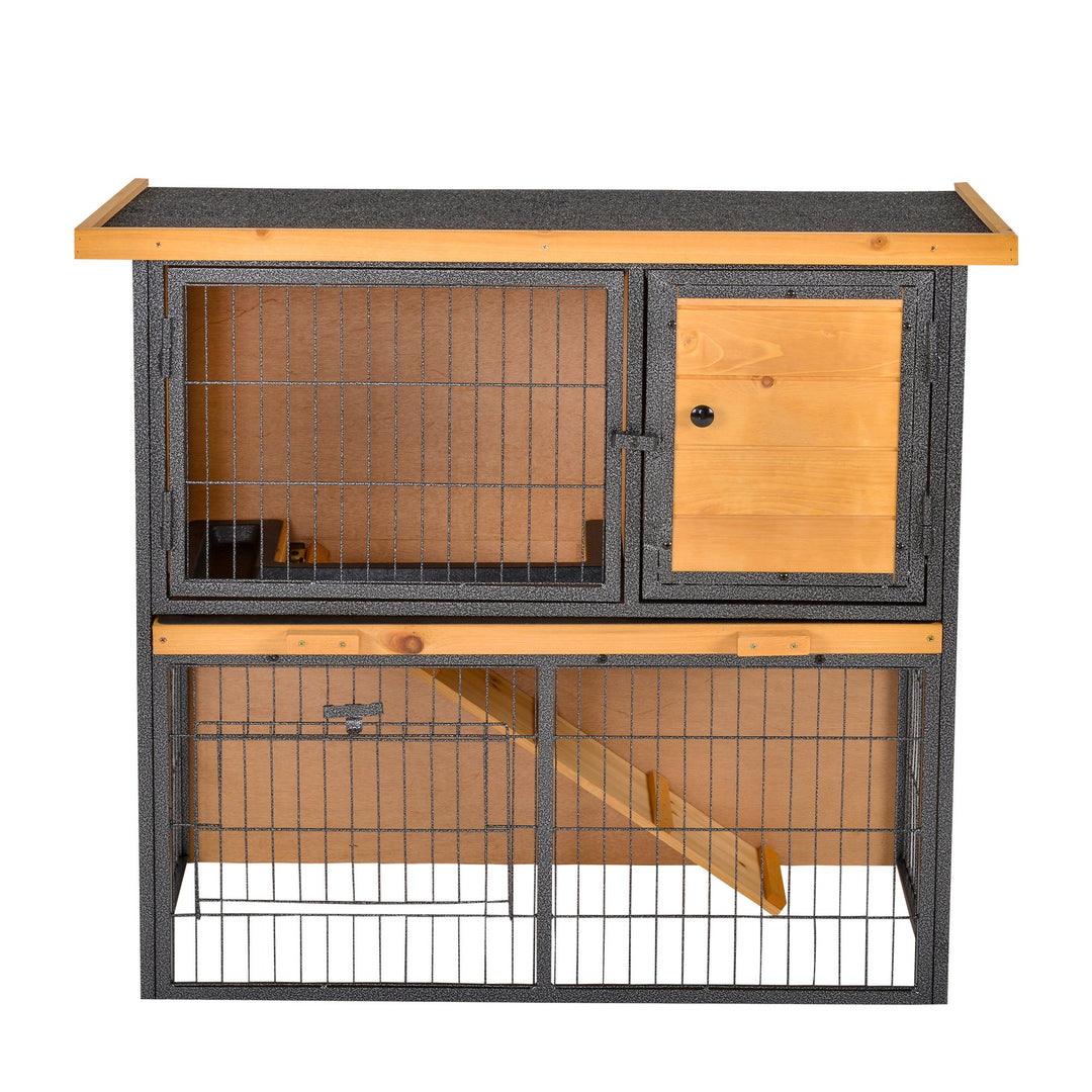 PawHut Wood-metal Rabbit Hutch Elevated Pet House Bunny Cage with Slide-Out Tray Asphalt Openable Roof Lockable Door Outdoor