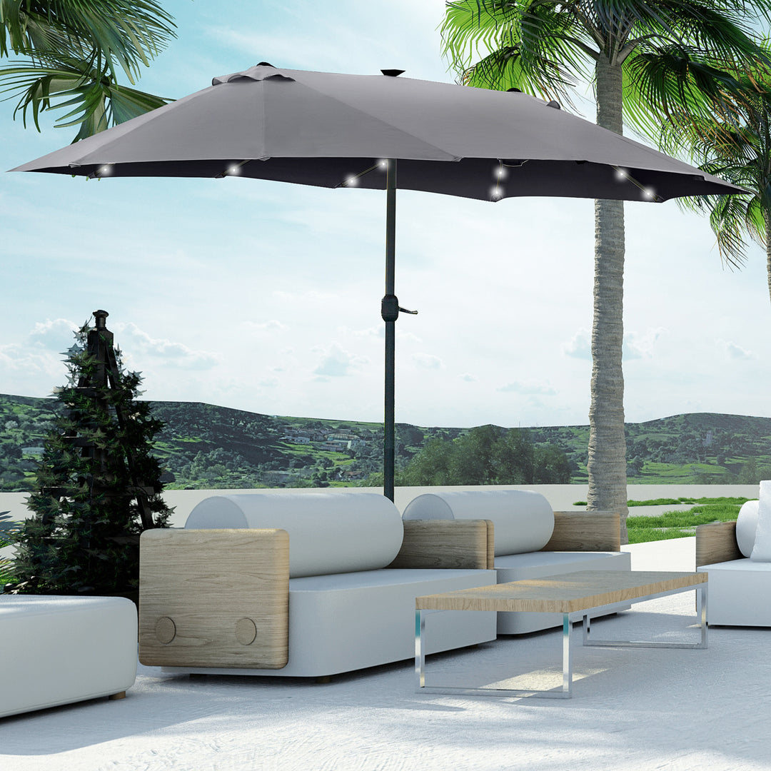 Outsunny 4.4m Double-Sided Sun Umbrella Garden Parasol Patio Sun Shade Outdoor with LED Solar Light , Dark Grey