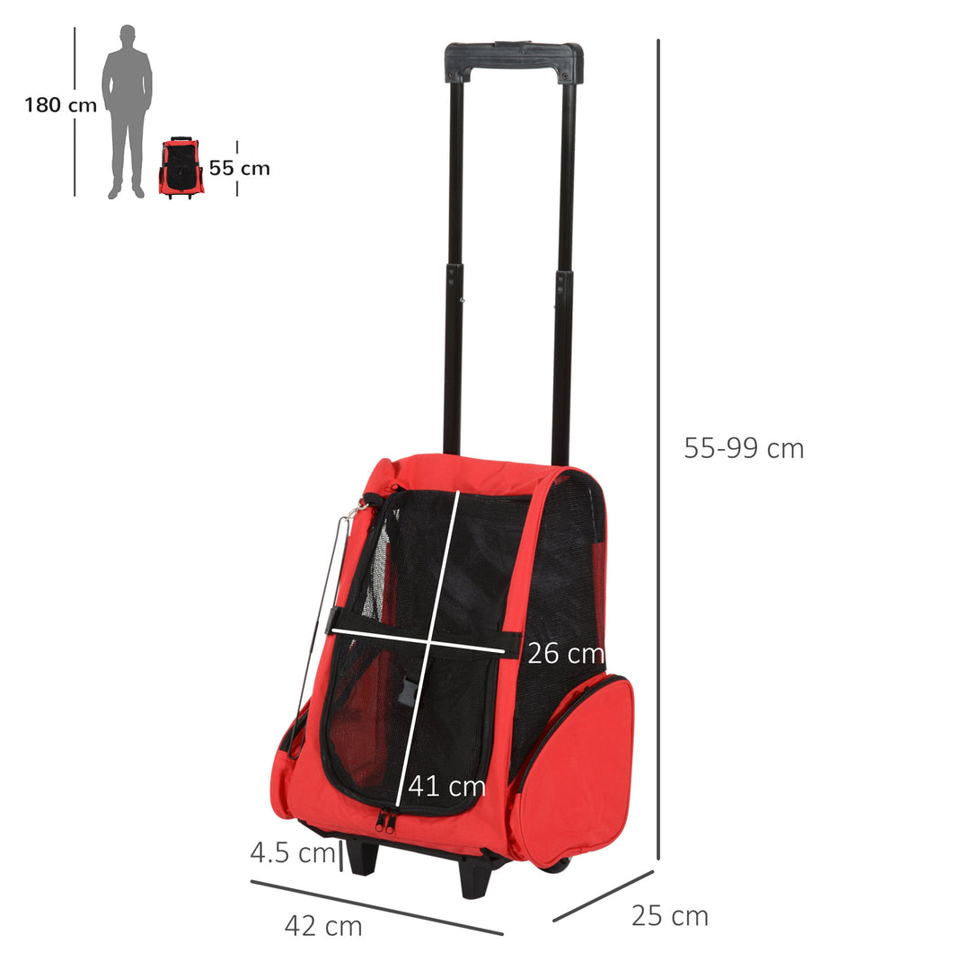 PawHut Pet Carrier Travel Backpack Bag Cat Carrier Dog Bag w/ Trolley and Telescopic Handle, 42 x 25 x 55 cm, Red