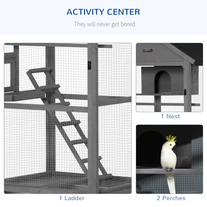 PawHut Bird Cage Mobile Wooden Aviary House for Canary Cockatiel Parrot with Wheel Perch Nest Ladder Slide-out Tray 86 x 78 x 180cm Dark Grey