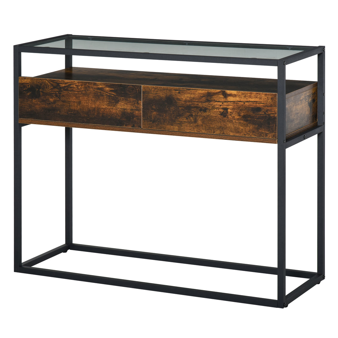 Entryway Console Table Desk with Drawers, Toughened Glass Shelf, 3D Wood Grain