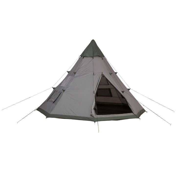 6 Men Tipi Tent, Camping Teepee Family Tent w/ Mesh Windows Zipped Door Carry Bag, Easy Set Up for Hiking Picnics Outdoor Night, Green, Grey