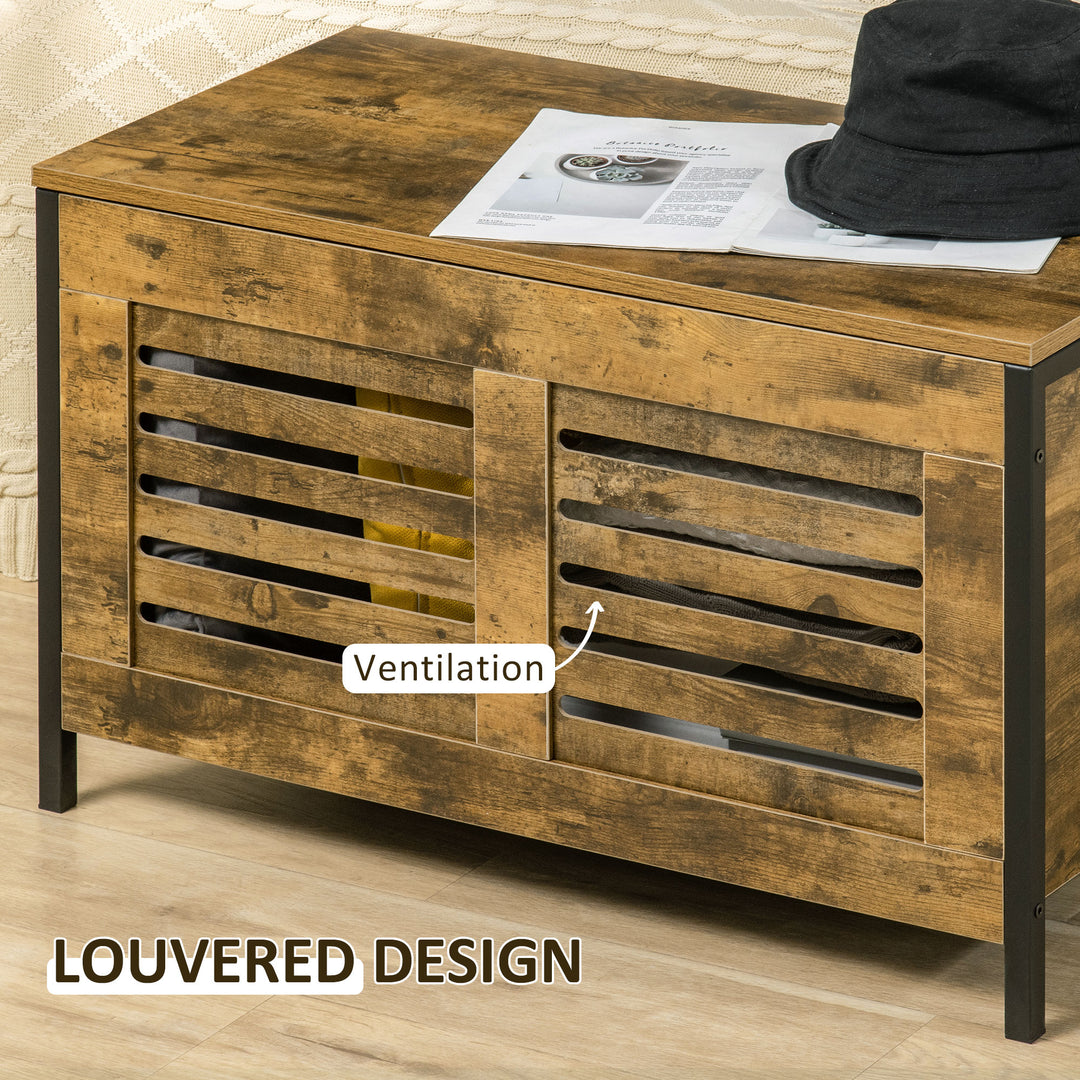 Industrial Storage Bench, Lift Top Storage Chest, Shoe Bench, Toy Box Organizer with Lid &amp; Louvered Cabinet, for Bedroom, Entryway Rustic Brown
