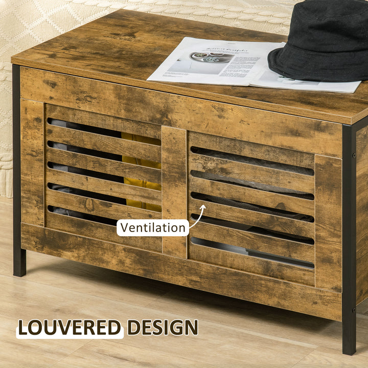 Industrial Storage Bench, Lift Top Storage Chest, Shoe Bench, Toy Box Organizer with Lid &amp; Louvered Cabinet, for Bedroom, Entryway Rustic Brown