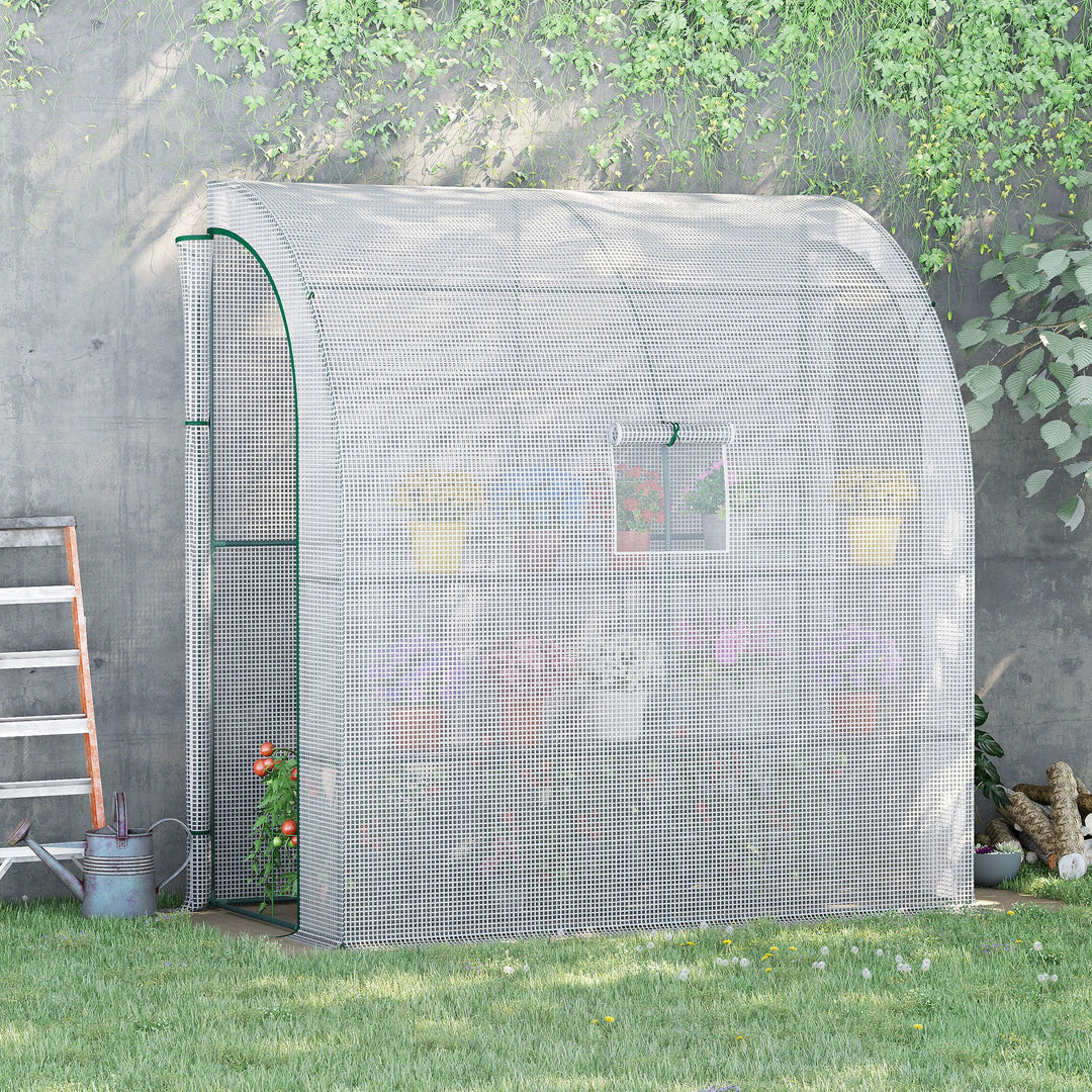 Outsunny Walk-In Lean to Wall Greenhouse with Windows and Doors 2 Tiers 4 Wired Shelves 200L x 100W x 213Hcm White