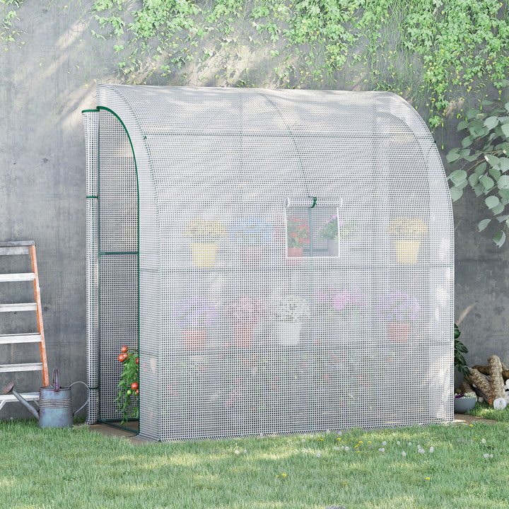 Outsunny Walk-In Lean to Wall Greenhouse with Windows and Doors 2 Tiers 4 Wired Shelves 200L x 100W x 213Hcm White