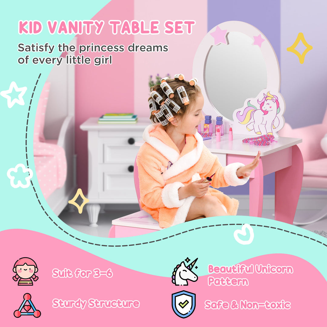 Girls Dressing Table with Mirror and Stool, Kids Dressing Table, Unicorn Pretend Play Toy for Toddles Girls Age 3-6 Years, Acrylic Mirror, Pink and White