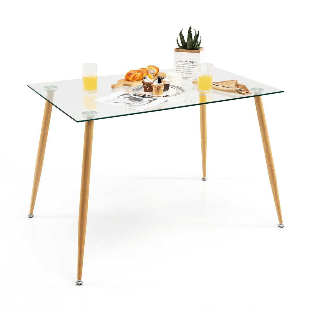 Modern Glass Dining Table with Wood Grain Steel Legs