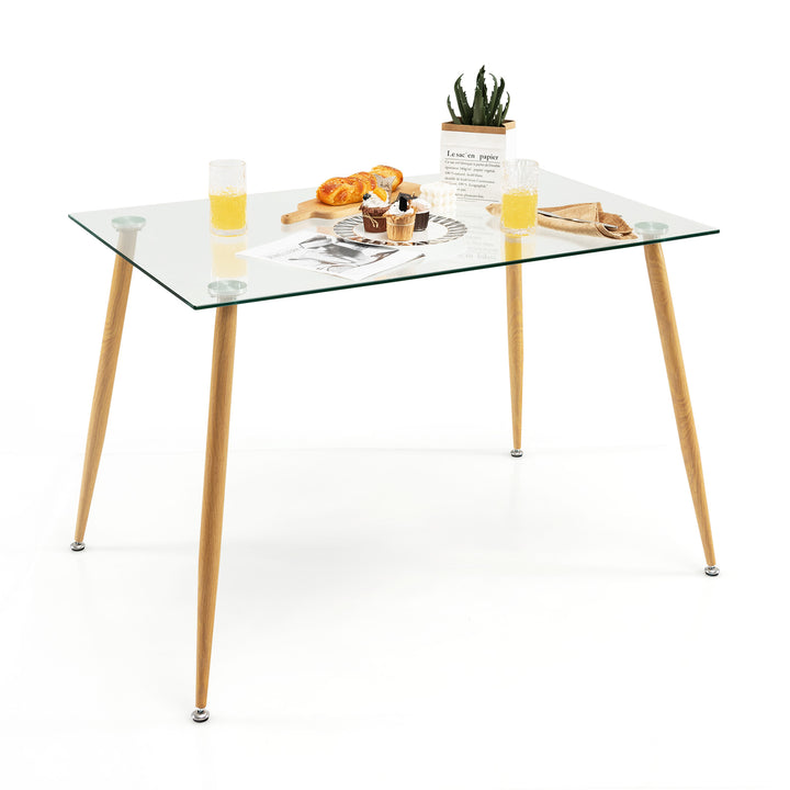 Modern Glass Dining Table with Wood Grain Steel Legs
