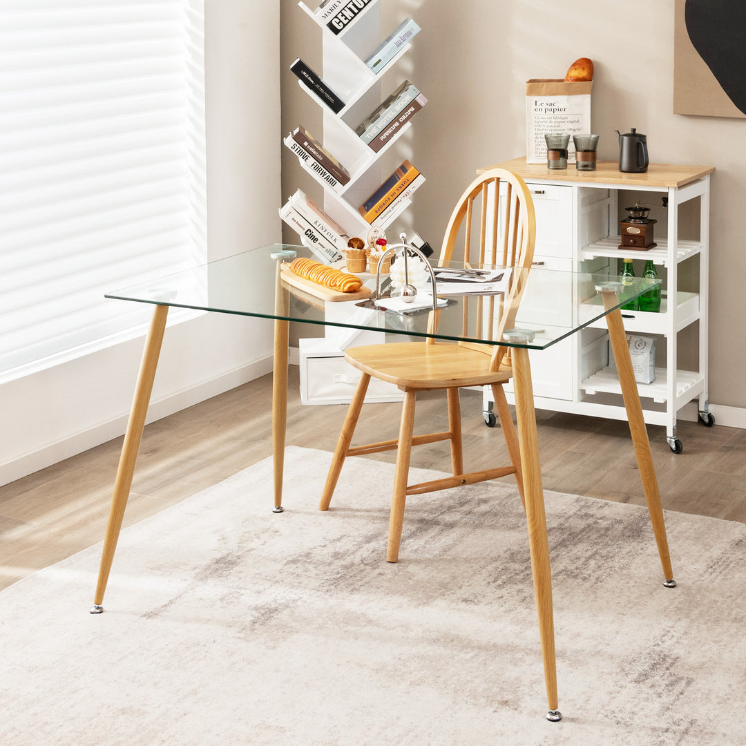 Modern Glass Dining Table with Wood Grain Steel Legs