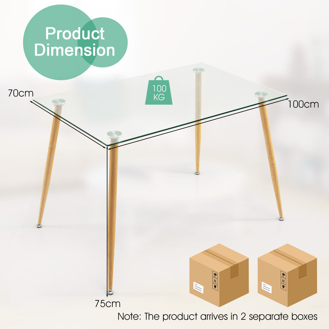 Modern Glass Dining Table with Wood Grain Steel Legs