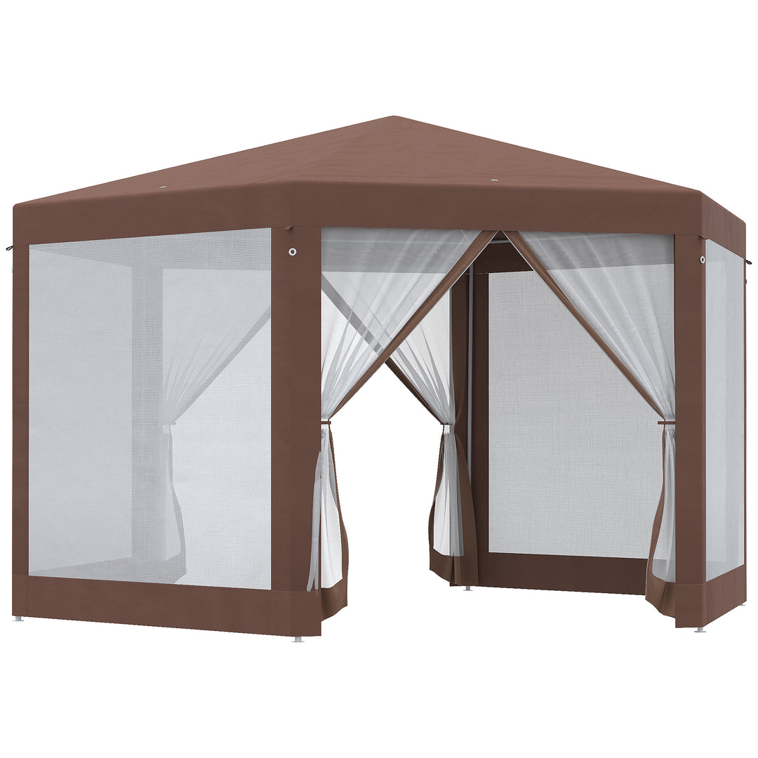 Hexagonal Garden Gazebo Patio Party Outdoor Canopy Tent Sun Shelter with Mosquito Netting and Zipped Door, Brown