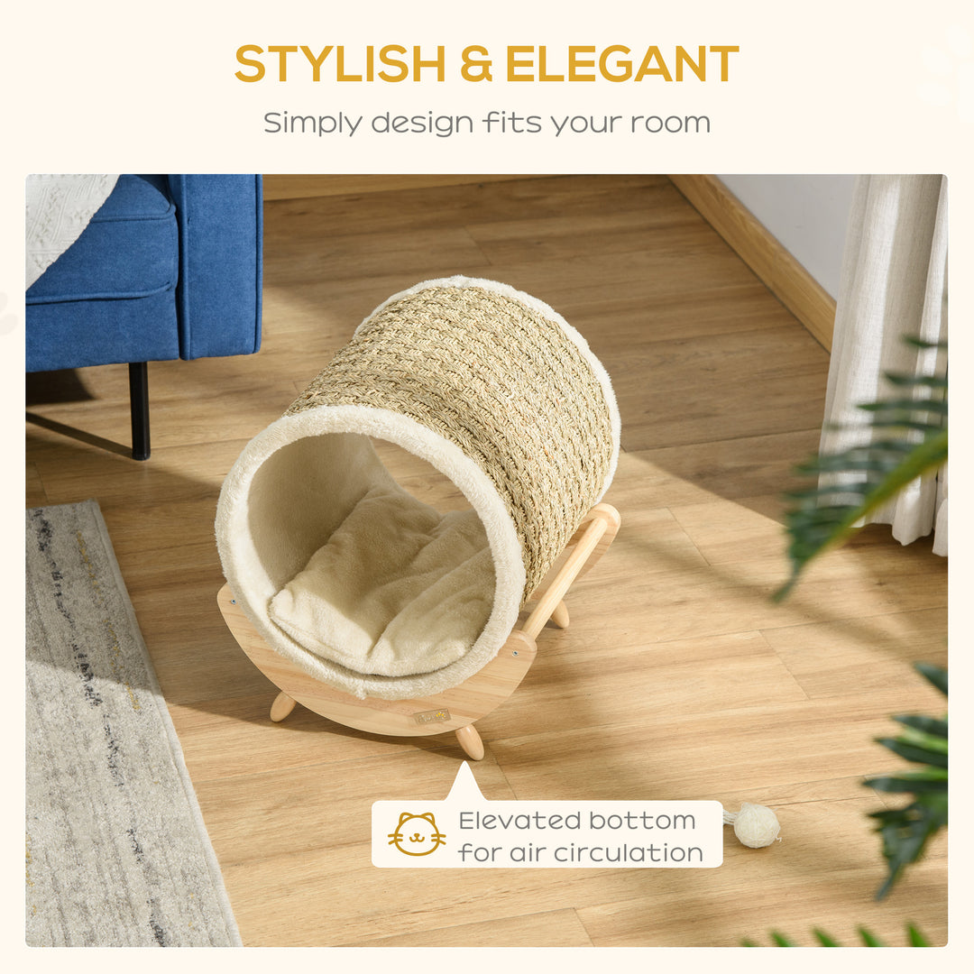 Elevated Cat House, Kitten Bed, Pet Shelter, Wrapped with Scratcher, Soft Cushion, 41 x 38 x 43 cm, Khaki