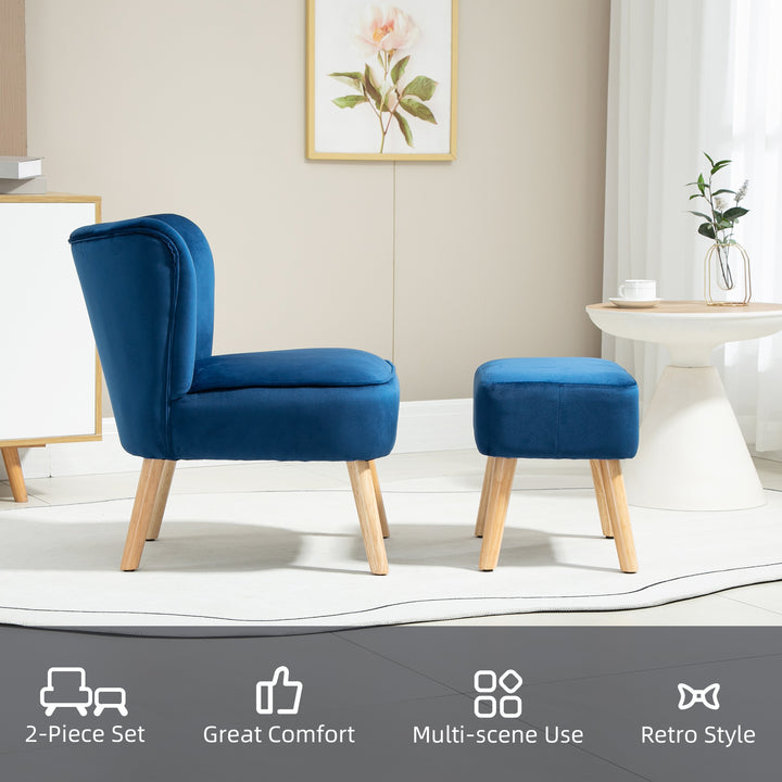 HOMCOM Velvet Accent Chair Occasional Tub Seat Padding Curved Back w/ Ottoman Wood Frame Legs Home Furniture, Dark Blue