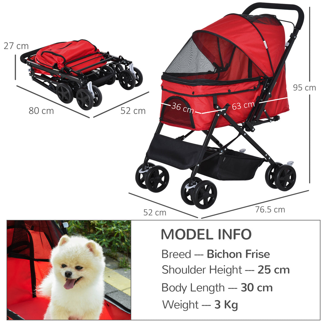 PawHut Pet Stroller Dog Travel Pushchair Foldable Jogger with Reversible Handle EVA Wheel Brake Basket Adjustable Canopy Safety Leash Red