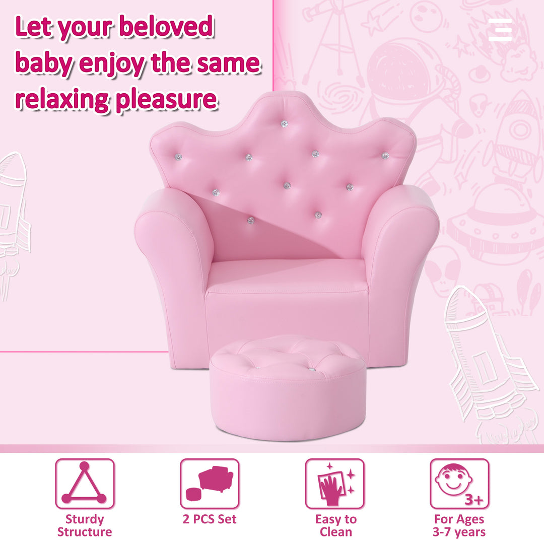 PU Leather Kids Set:1 x Armchair, 1x Stool-Pink