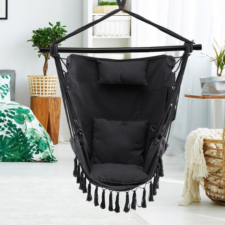 Hammock Swing Chair with Pillow and Cushions for Living Room Patio-Grey