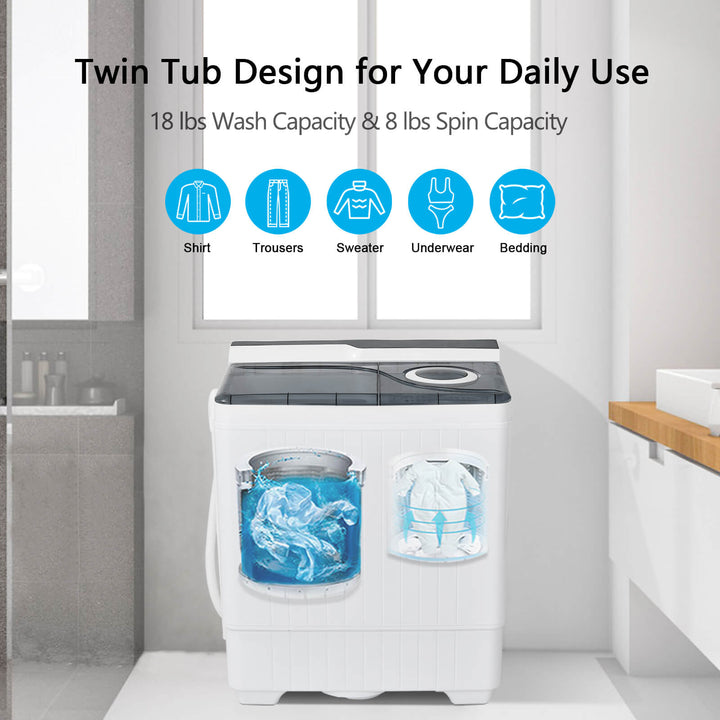 Portable Twin Tub Wash Machine with Spin Dryer-Grey