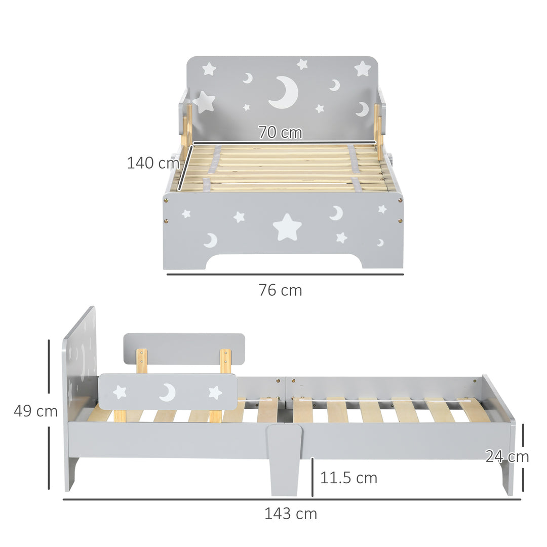 Kids Toddler Bed with Star & Moon Patterns, Safety Side Rails Slats, Kids Bedroom Furniture for 3-6 Years Old, Grey, 143 x 76 x 49 cm