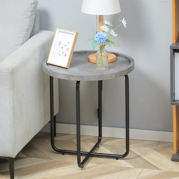 Round End Table, Modern Accent Side Table with Cement Effect Tabletop and Metal Frame for Living Room