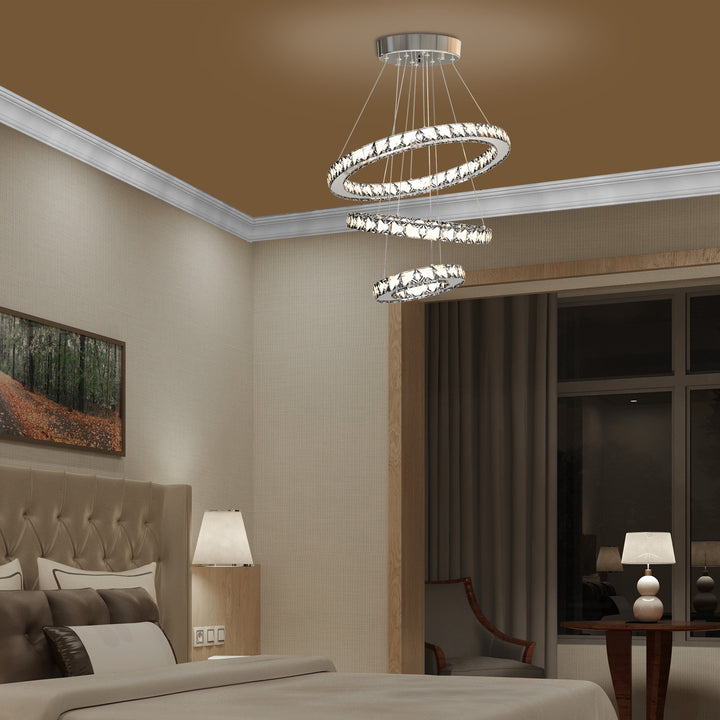 Modern LED Chandelier with 3 Crystal Rings, Dimmable Pendent Ceiling Light Cool Warm White with Adjustable Cable Remote Controller, Silver