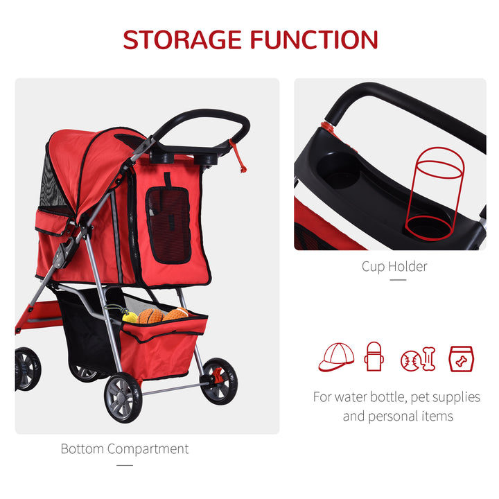 PawHut Pet Stroller Dog Pram Foldable Dog Pushchair Cat Travel Carriage w/ Wheels, Zipper Entry, for Small Pets, Red