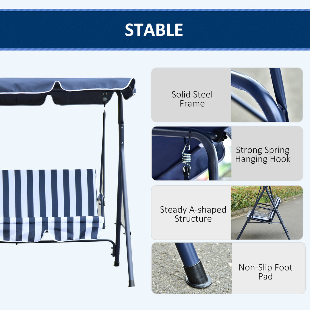 3 Seater Canopy Swing Chair Heavy Duty Outdoor Garden Bench with Sun Cover Metal Frame - Blue
