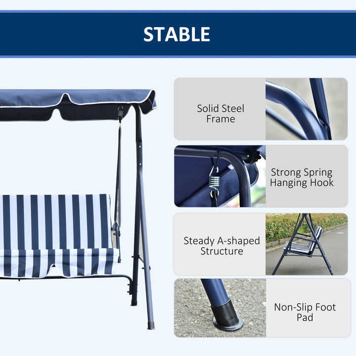 3 Seater Canopy Swing Chair Heavy Duty Outdoor Garden Bench with Sun Cover Metal Frame - Blue
