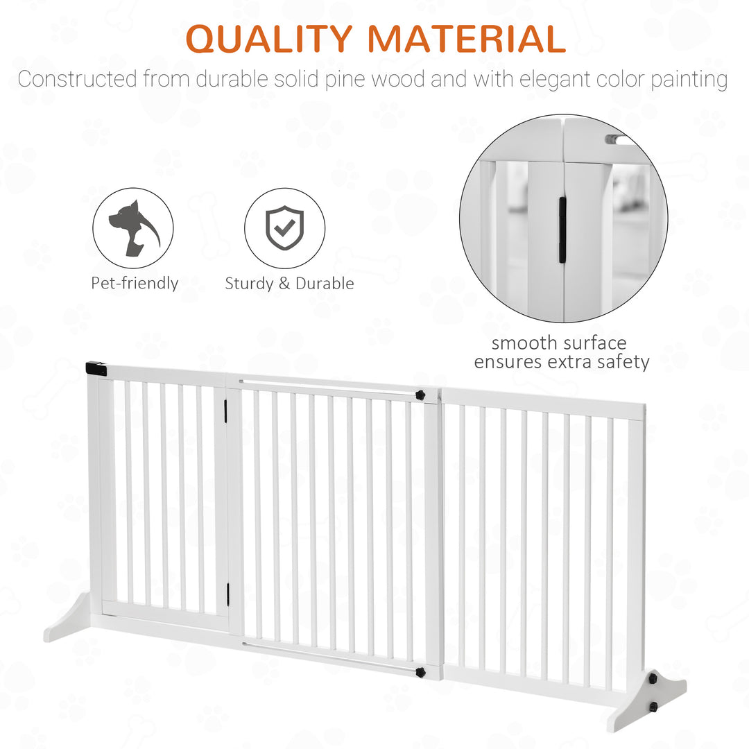 Adjustable Wooden Pet Gate Freestanding Dog Barrier Fence Doorway 3 Panels Safety Gate w/ Lockable Door White 71H x 113-166W cm