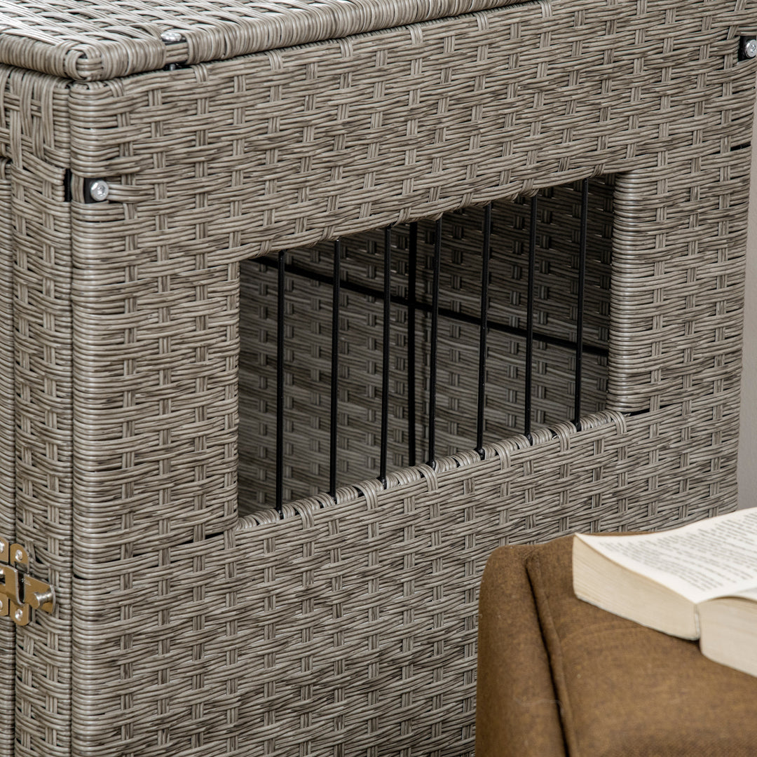 PawHut Wicker Dog Cage, Dog Crate with Lockable Door and Soft Washable Cushion for Small Sized Dogs, 62 x 59 x 66 cm, Grey