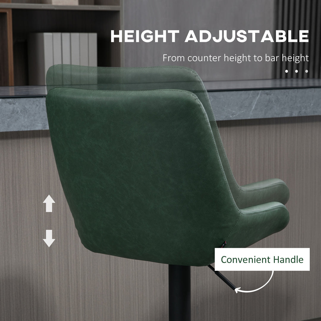 Set of 2 Retro Bar stools With Backs , Adjustable Kitchen Stool, Upholstered Bar Chairs with Back, Swivel Seat, Dark Green