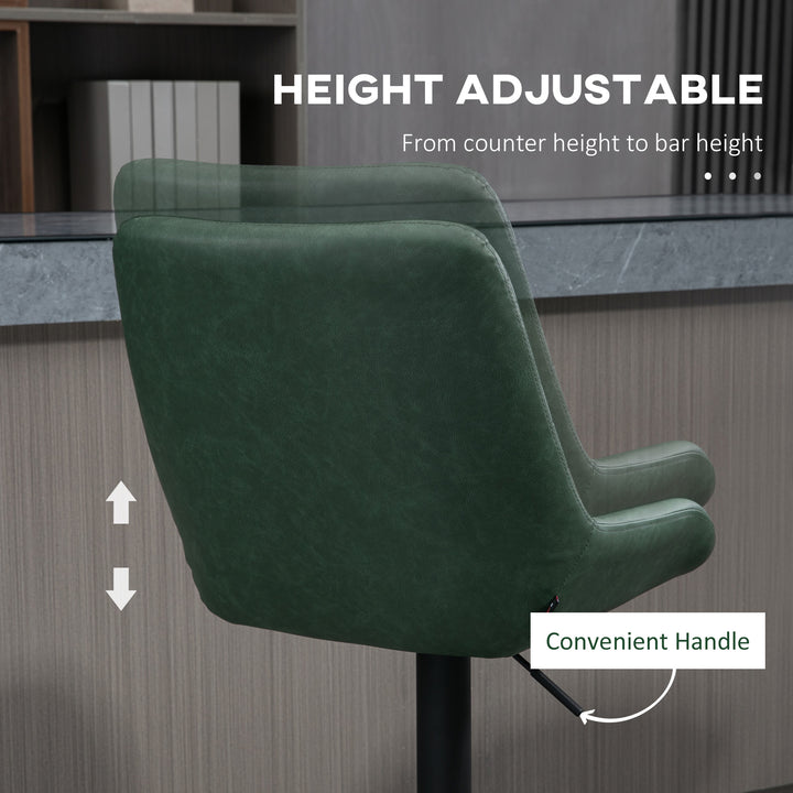 Set of 2 Retro Bar stools With Backs , Adjustable Kitchen Stool, Upholstered Bar Chairs with Back, Swivel Seat, Dark Green