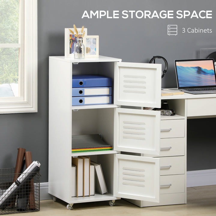 HOMCOM Rolling Storage Cabinet 3-Tier Mobile File Cabinet with Wheels &amp; Metal Doors for Home Office, Living Room, White