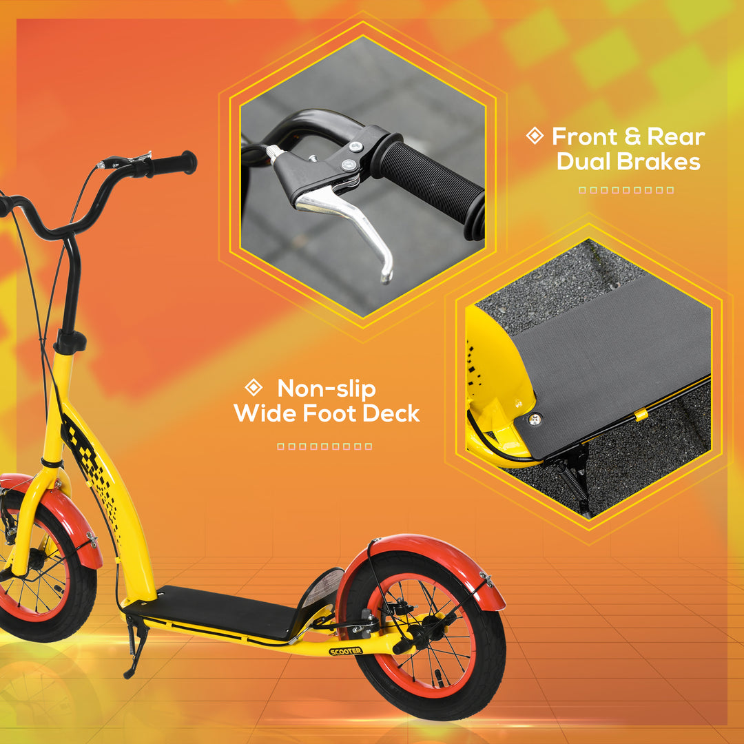 Kids Kick Scooter, w/ Adjustable Height, Front Rear Dual Brakes, 12 Inch Inflatable Rubber Wheels, for Ages 5+ Years - Yellow