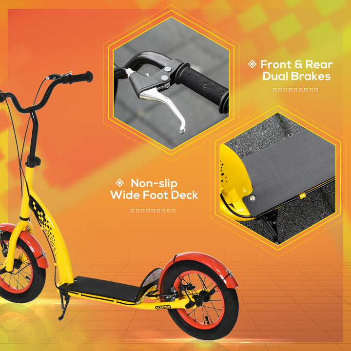 Kids Kick Scooter, w/ Adjustable Height, Front Rear Dual Brakes, 12 Inch Inflatable Rubber Wheels, for Ages 5+ Years - Yellow