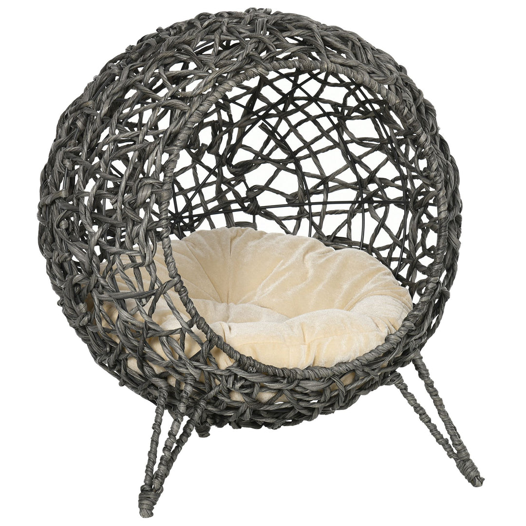 Woven Rattan Elevated Cat Bed House Kitten Pussy Basket Ball Shaped Pet Furniture w/ Removable Cushion Natural 52 x 52 x 58 cm, Silver Grey