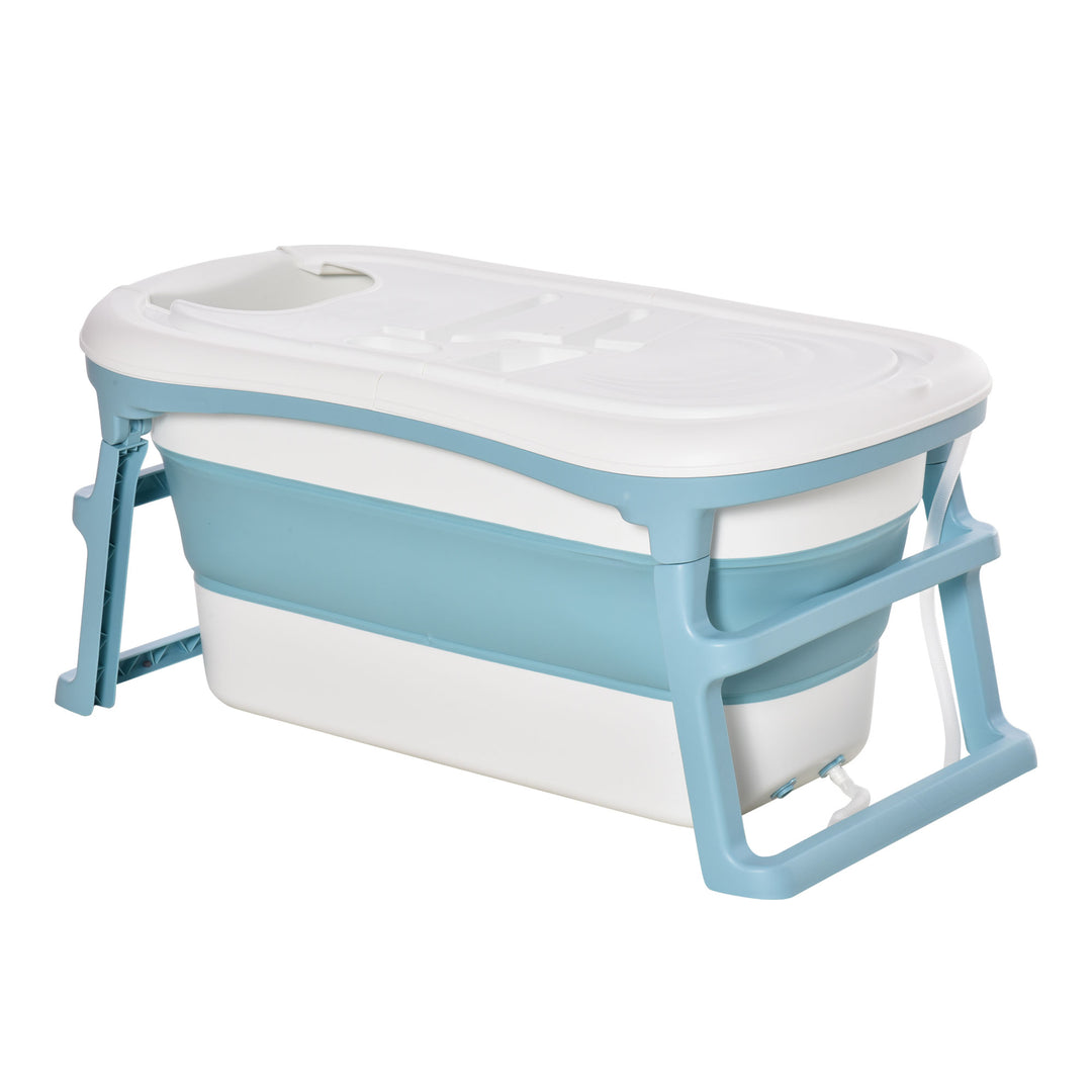 Folding Baby Bath Tub for Toddlers Kids Portable with Non-Slip Pads Top Cover for 1-12 Years Blue
