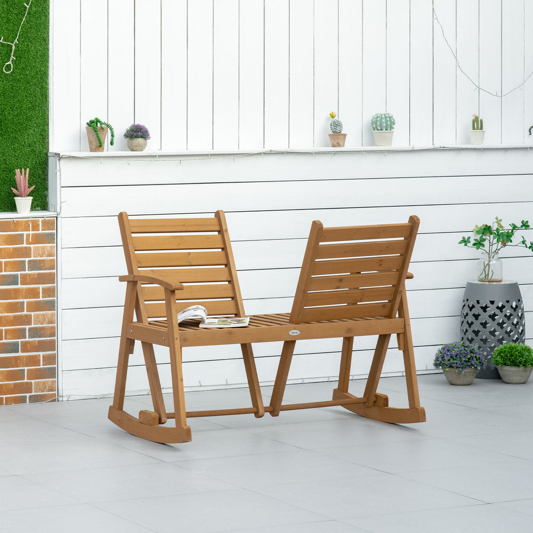 Wooden Garden Rocking Bench with Adjustable Backrests, 2-Seater Rustic Rocking Chair Loveseat with Slatted Seat and Armrests