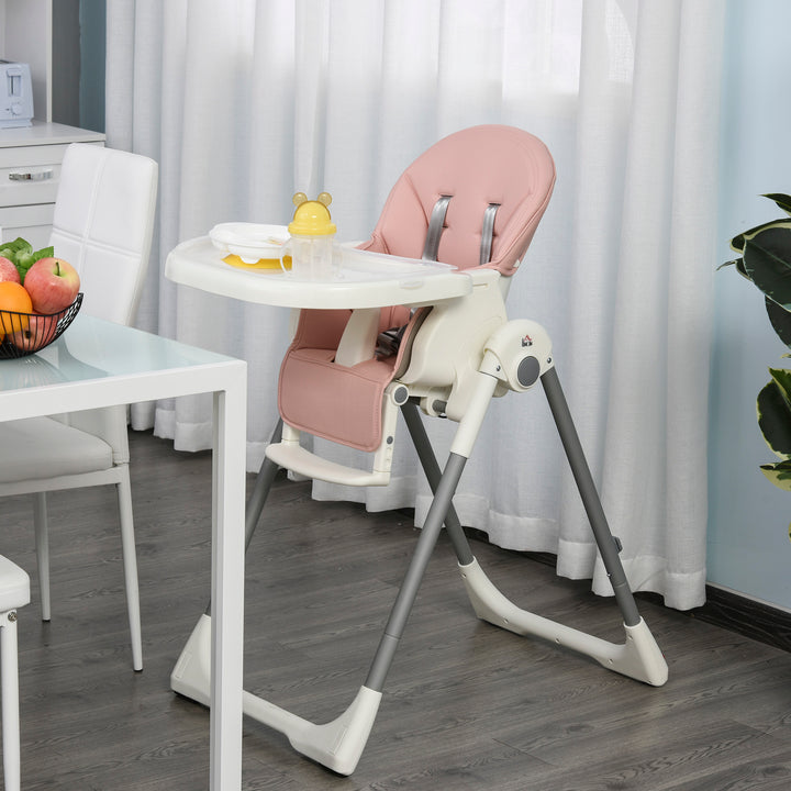 Foldable Baby High Chair Convertible to Toddler Chair Height Adjustable with Removable Tray 5-Point Harness Mobile with Wheels Pink