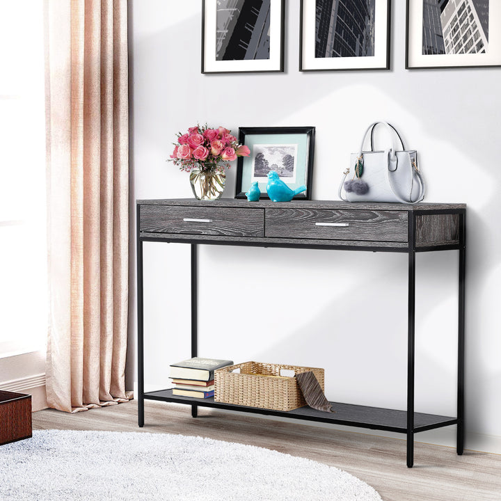 Console Table Worktop Bottom Shelf Home Two Drawer Industrial Minimal Style Grey Wood Tone Effect