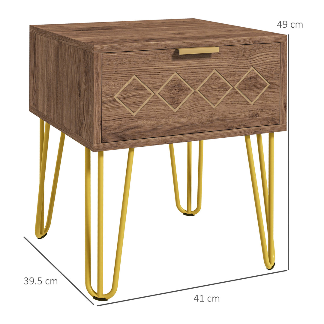 Bedside Table with Drawer, Wooden Nightstand, Modern Sofa Side Table with Gold Tone Metal Legs for Living Room, Bedroom