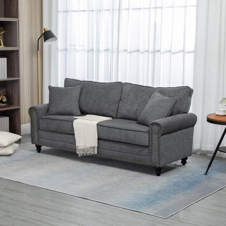 HOMCOM 2 Seater Sofas for Living Room, Fabric Sofa with Nailhead Trim, Loveseat with Cushions and Throw Pillows, Grey