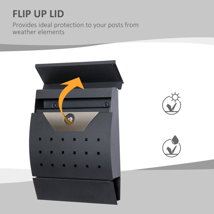 Steel Wall Mounted Mail Box Post Letter Lockable with Waterproof  Lid -  Black