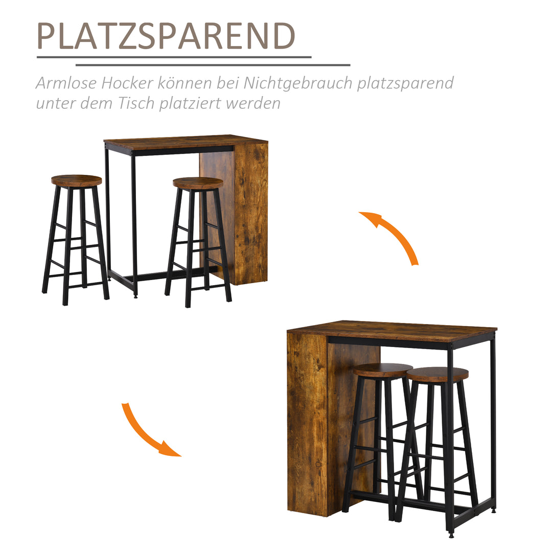 3 Piece Industrial Style Bar Table Set, Pub Dining Table Set Height Table and 2 Stools with Storage Shelf, Rustic Brown