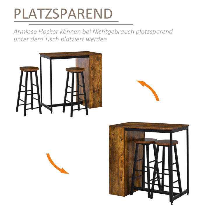 3 Piece Industrial Style Bar Table Set, Pub Dining Table Set Height Table and 2 Stools with Storage Shelf, Rustic Brown